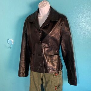 Nicole Farhi Womens Size 8 / EU 38 Black Leather Jacket Fitted Button Front Coat